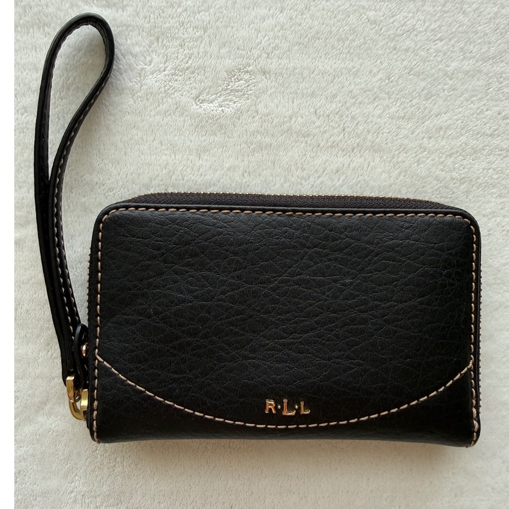 Ralph Lauren RLL Black Leather Zip Around Wallet Wristlet Minimalism